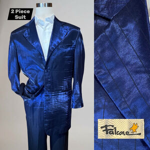 Falcone 40-42R 32x31 Midnight Royal Blue Suit Iridescent Satin Long Jacket Prom